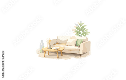 Cozy modern living room with beige sofa and wooden coffee table
