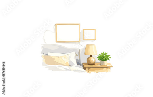 Cozy bedroom corner with wooden nightstand and green plant in minimalist style