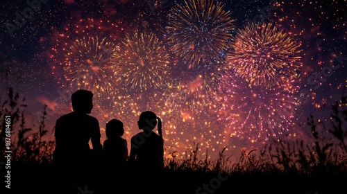 Holiday celebration event. A family of three silhouetted against a vibrant night sky illuminated by fireworks, surrounded by lush plants.