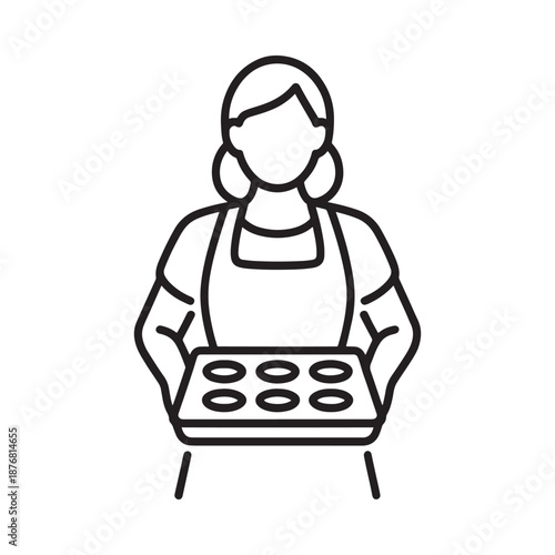 Woman holding a baking tray with cookies simple line art illustration