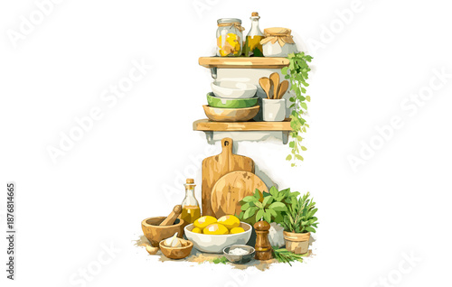 Rustic kitchen still life with fresh lemons and wooden utensils on shelves