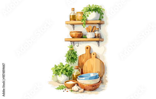 Rustic kitchen shelves with herb plants, wooden cutting boards, and ceramic bowls