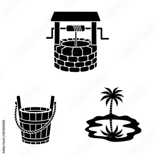 Desert Oasis Water Well Bucket and Palm Reflection Three Silhouette Set