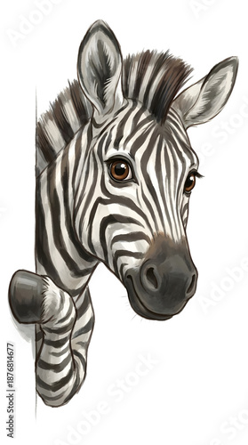 Adorable Baby Zebra Peeking Illustration, Cute Safari Animal Character Peering Around Corner on Transparent Background