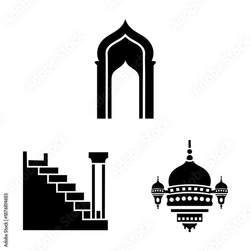 Mosque Interior Mihrab Niche Minbar Stairs and Chandelier Set