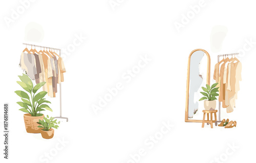 Minimalist fashion space with clothing rack, plants, and mirror