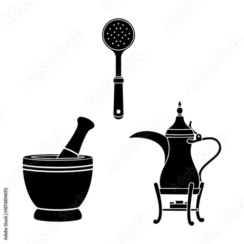 Bedouin Coffee Tradition Roaster Mortar and Dallah Three Silhouette Set