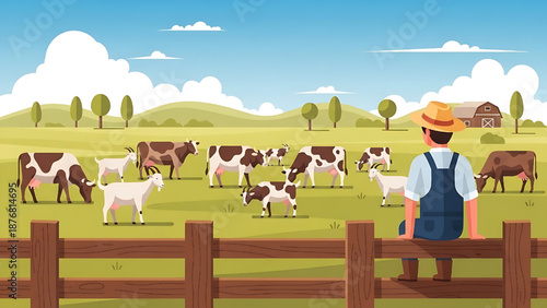 A serene and picturesque rural scene featuring a dedicated farmer peacefully observing his healthy herd of cows and goats grazing contentedly in a vibrant green pasture under a bright, clear sky