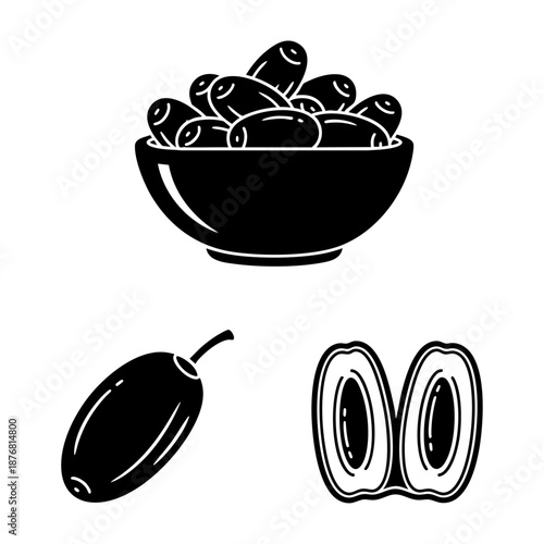 Date Fruit Variations Bowl Whole and Split Pit Three Silhouette Set