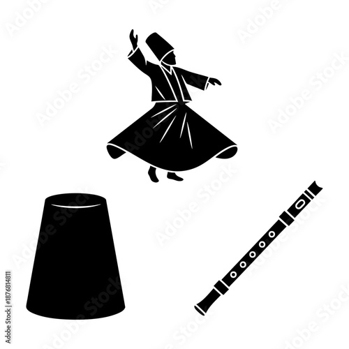 Sufi Spiritual Tradition Whirling Dervish Hat and Flute Three Silhouette Set