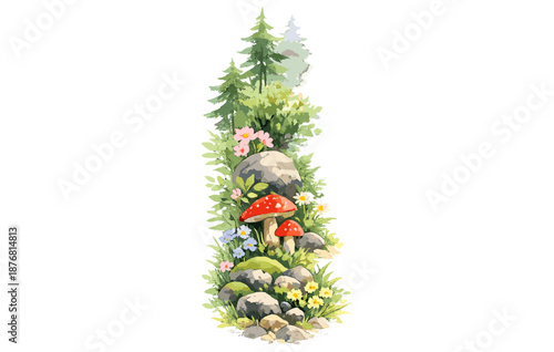 Vibrant forest scene with red mushrooms and wildflowers