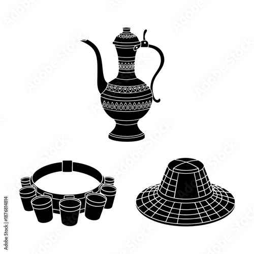 Traditional Water Seller Brass Jug Cups and Hat Three Silhouette Set