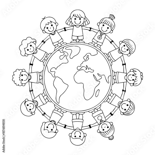 Vector illustration of a diverse team of international kids and children around the globe holding hands in peace and love to protect the planet earth