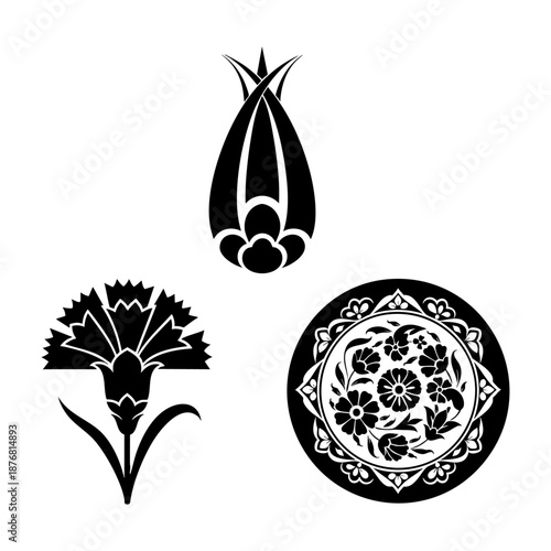 Turkish Iznik Art Motifs Tulip Carnation and Plate Three Silhouette Set