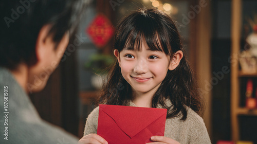 Young girl, joyful mood, receiving a red envelope, festive indoor celebration background