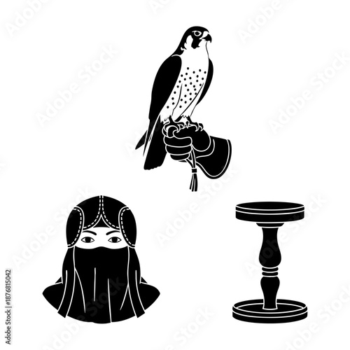 Arab Falconry Heritage Falcon Hood and Perch Three Silhouette Set