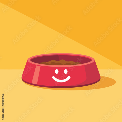 Red ceramic pet food bowl with a happy smiling face on the side filled with brown kibble sitting on a yellow surface.