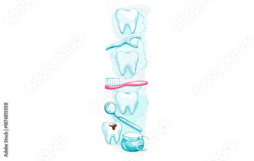 Dental care essentials with toothbrush, floss, mirror, and tooth icons on white background