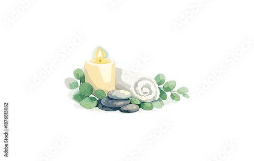 Spa essentials with candle, eucalyptus, rolled towel, and stones for relaxation