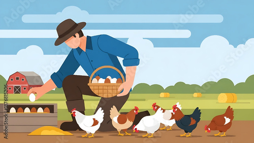 A dedicated farmer gathers fresh eggs from happy hens on a picturesque rural farm, showcasing sustainable agriculture and traditional poultry raising practices
