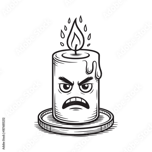 An angry candle with a face and melting wax darkly illustrated