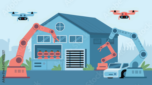 Blue warehouse robotic arms, drones, and factory automation design