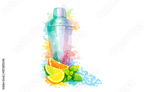 Colorful watercolor cocktail shaker with citrus slices, mint, and ice cubes
