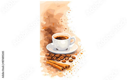 Coffee aesthetic with cup, beans, and cinnamon on artistic watercolor background