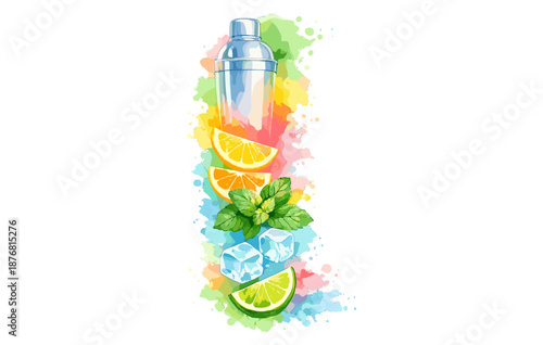 Vibrant cocktail shaker with citrus, mint, and ice in watercolor design