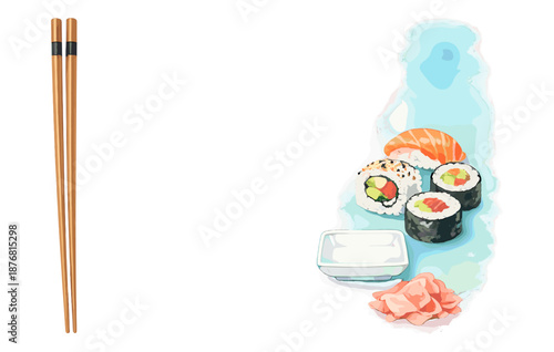Japanese sushi meal with chopsticks and soy sauce on blue plate