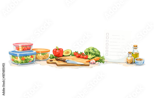 Colorful vegetables and ingredients on a kitchen counter for meal prep