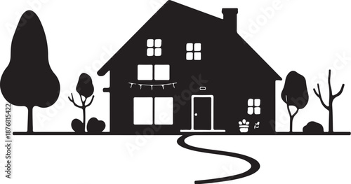 3D vector illustration of a modern residential house architecture with a red roof and wooden door set in a lush forest estate representing a real estate property symbol for home sales