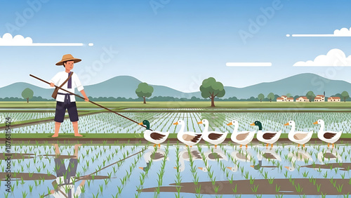 Traditional Asian Farmer Guides a Line of Ducks Through Lush Green Rice Paddy Fields Under a Clear Sky, Showcasing Sustainable Agriculture Methods and Rural Lifestyle