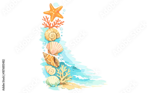 Watercolor seashell arrangement with starfish and coral on white background
