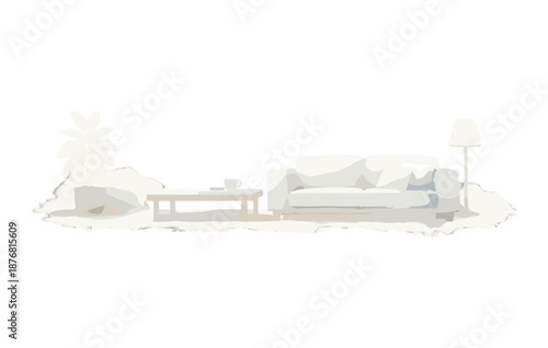 Minimalist living room with sofa, coffee table, and floor lamp in neutral tones