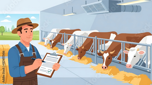 Farmer ensuring optimal health and feed quality for dairy cows in a modern barn, diligently overseeing sustainable livestock practices and efficient farm management