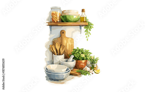 Cozy kitchen shelf with cooking tools and fresh herbs