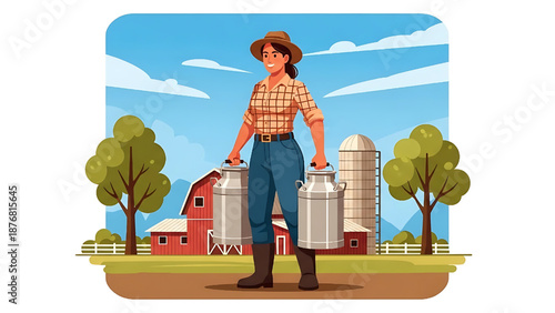 Farm woman carrying milk cans in front of a barn and silos