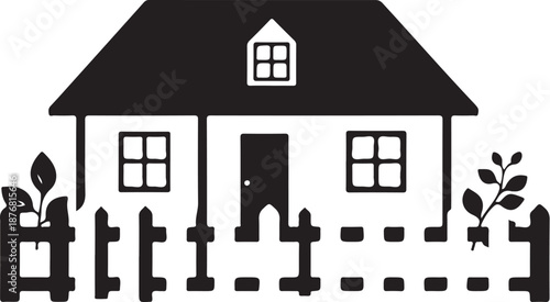 3D vector illustration of a residential cottage house in the woods featuring a modern roof design and real estate business icon symbols for an exterior property construction set