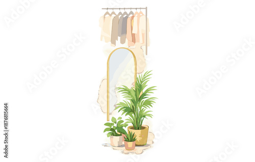 Minimalist interior with full-length mirror, hanging clothes, and potted plants