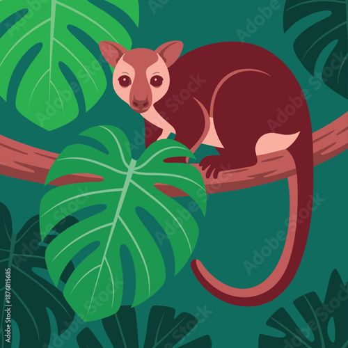Rare reddish-brown tree kangaroo sitting on a branch surrounded by large green monstera leaves in a tropical forest.
