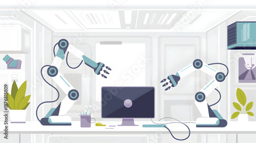 Robotic arms reaching for a computer monitor on the office desk, plants shelf