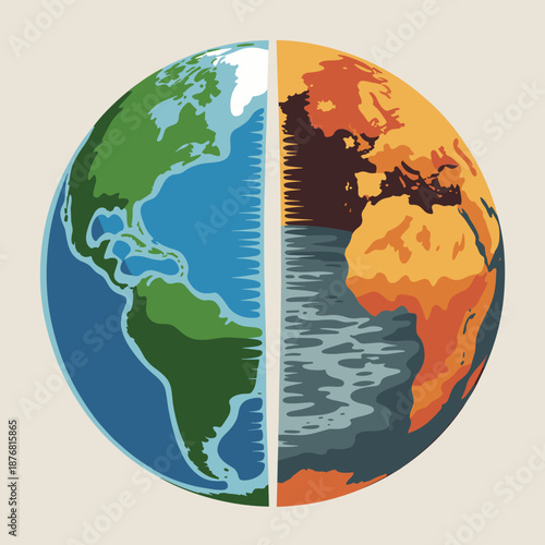 Conceptual illustration of Earth split in half showing a lush green side and a parched dry brown side to represent climate change.