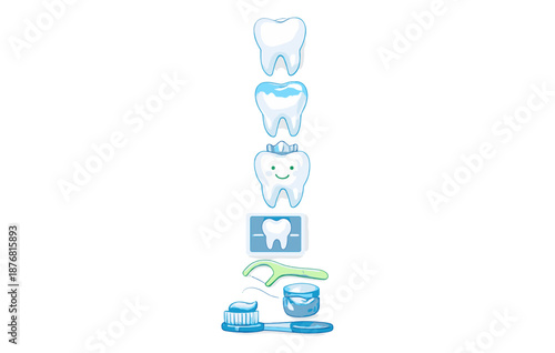 Dental health icons: tooth, crown, x-ray, toothbrush, floss