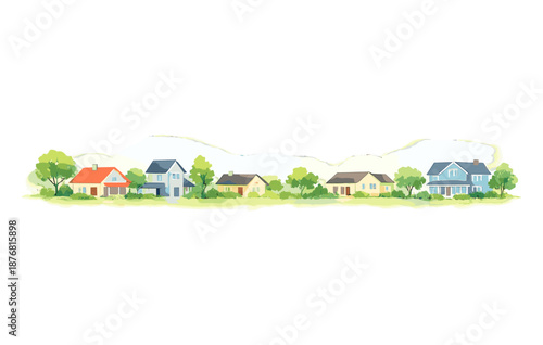 Charming suburban neighborhood with colorful houses and greenery