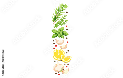 Vertical arrangement of fresh herbs, lemon slices, and garlic cloves