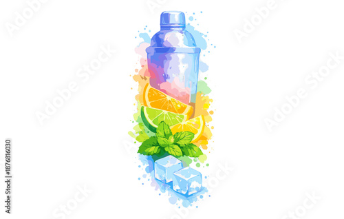 Vibrant cocktail shaker with citrus slices and ice cubes in watercolor style
