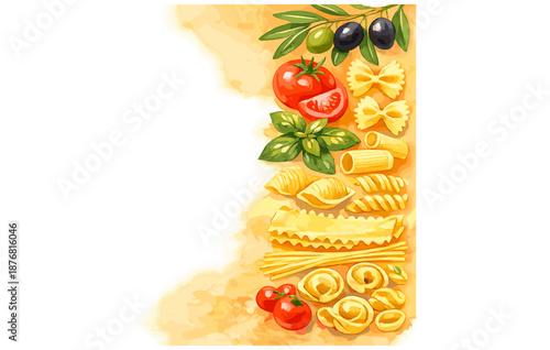 Italian cuisine: fresh ingredients and various pasta layout on light background
