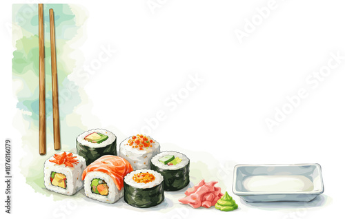 Assorted sushi rolls with chopsticks and empty plate on decorative background