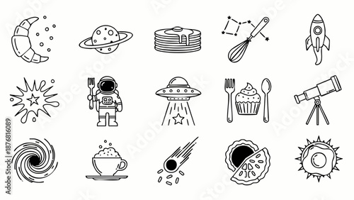 Astronomy and Culinary Fusion Vector Icon Set - Minimalist Black and White Space Food Symbols